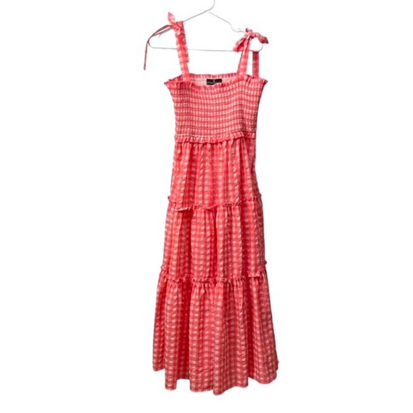 Pomander Place Tuckernuck Tiered Nellie Dress Electric Pink Gingham Plaid Large - Picture 3 of 16